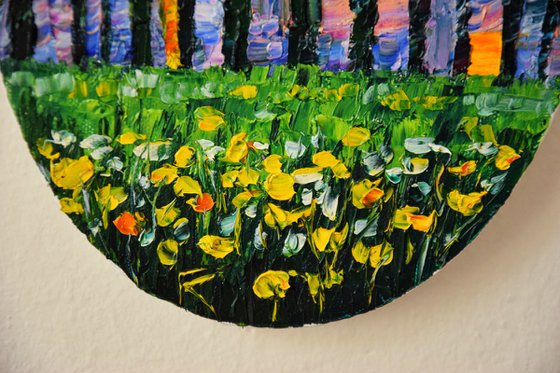 Landscape oval oil painting, original small canvas art, sunset trees wall art