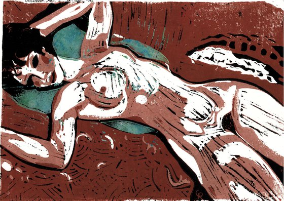 Liegender Akt II - Linoprint inspired by Amadeo Modigliani