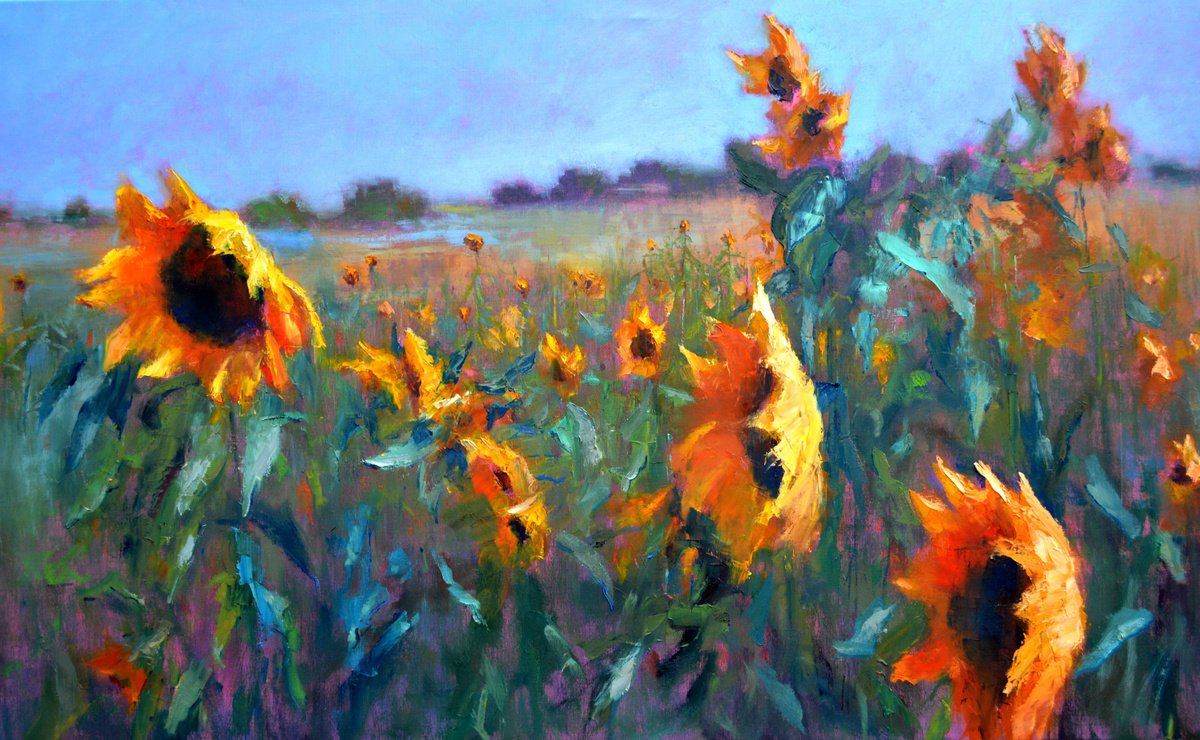 Expressive Landscape Oil Painting By Elena Lukina, 67 X 38, Sunflowers 97X170, Original Artwork
