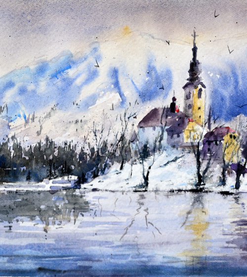 Bled Lake Slovenia #40 17x36cm 2022 smal drawing by Nenad Kojić watercolorist