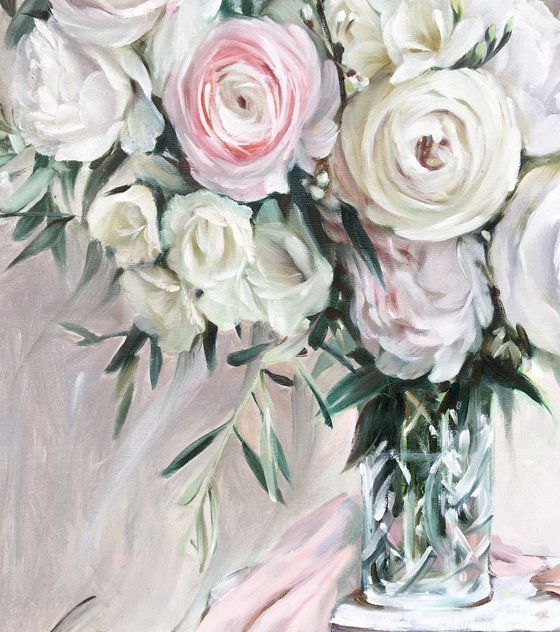 White peonies. Original oil painting