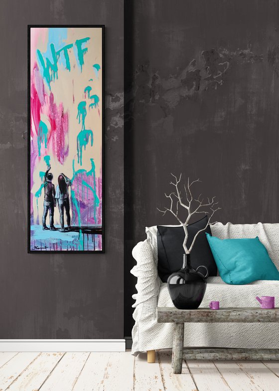 Bright vertical painting - "WTF" - Pop Art - Girl and Boy - Love - Graffiti