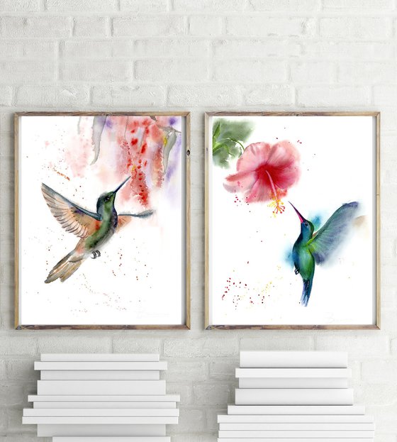 Set of 2 Hummingbirds  - Original Watercolor Paintings