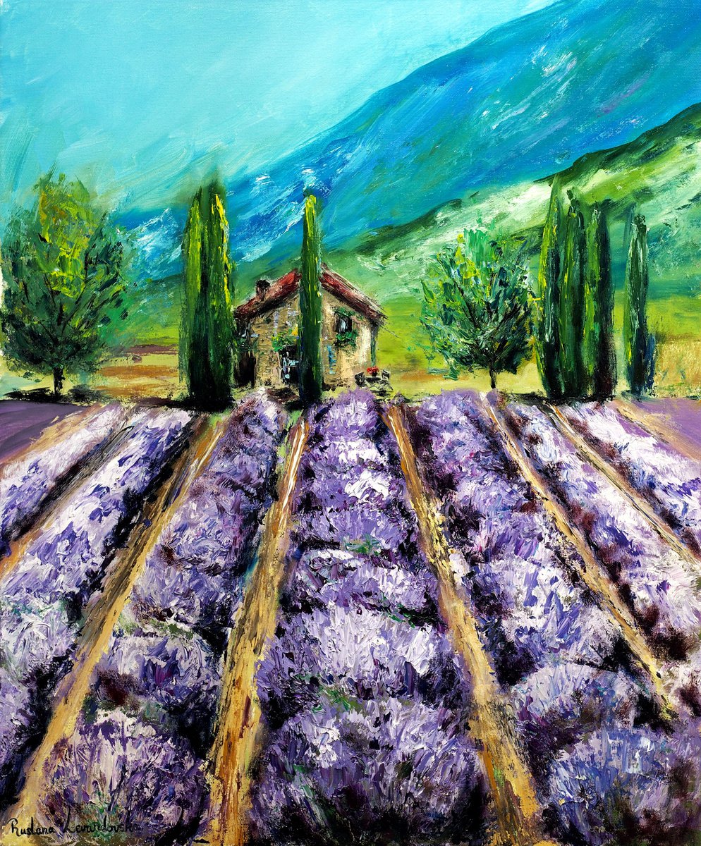 Impressionistic Landscape Oil Painting By Ruslana Levandovska, 20 X 24", Lavender Fields, France Provence, Original Artwork