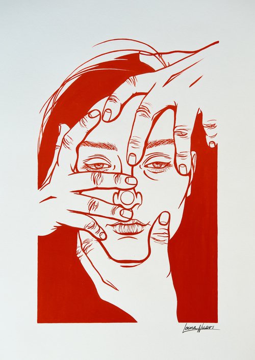 Portrait of a woman with hands on her face by Lana Nuori
