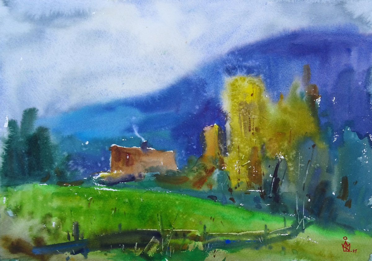 Impressionistic Landscape Watercolour By Maksym Kisilov, 16 X 11", ,,Autumn,,, Original Artwork