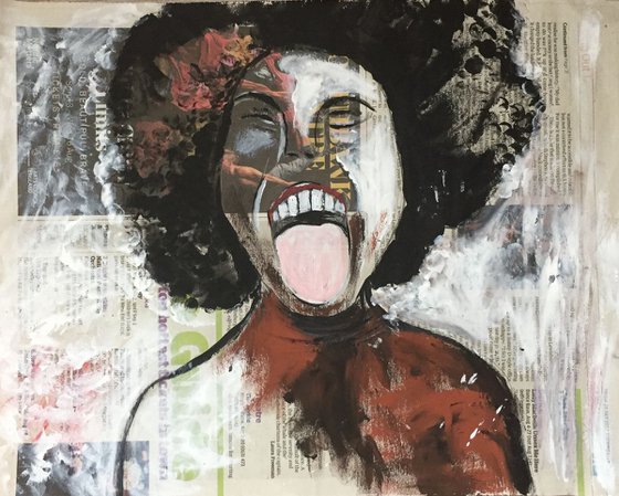 Scream People Art Acrylic on Newspaper Portrait Black Woman Face 29x37cm Beautiful Gift Ideas 15"x11"