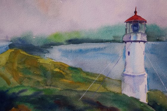 Watercolor painting Lighthouse on Faroe Islands