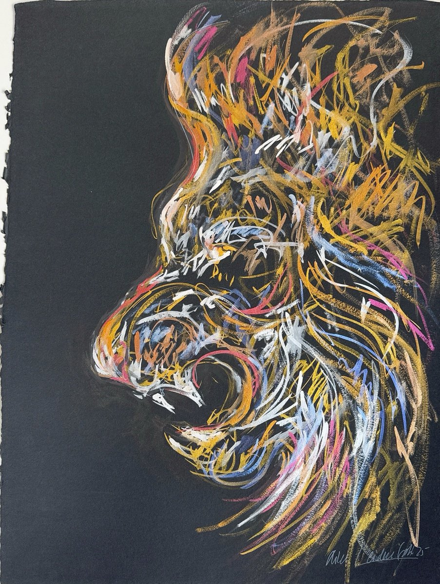 Expressive Animal Watercolour By Nicole Leidenfrost, 22 X 30", Brullender Lowe In Gold, Original Artwork