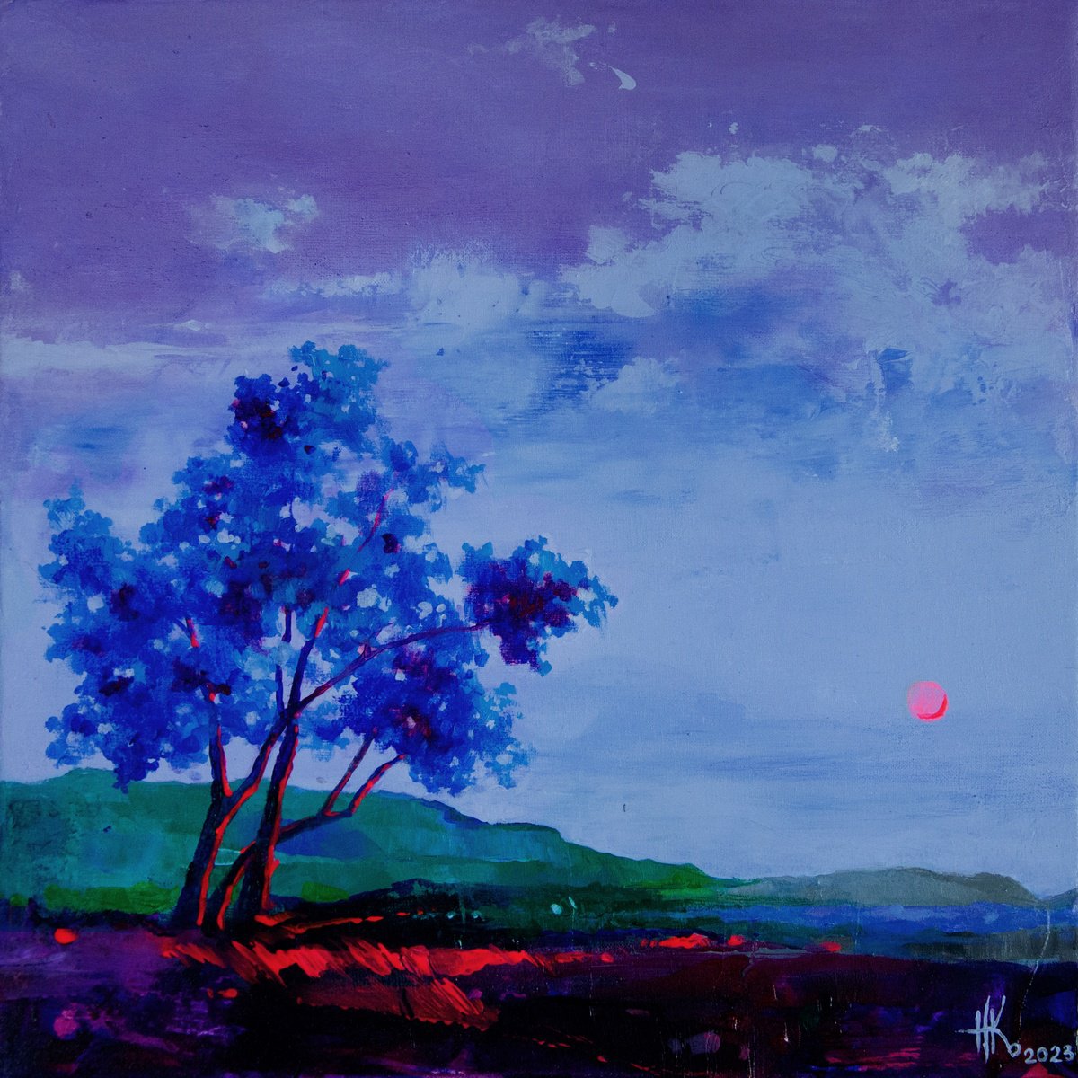 Impressionistic Landscape Acrylic Painting By Zhanna Kondratenko, 12 X 12", Blueberry Blush, Original Artwork