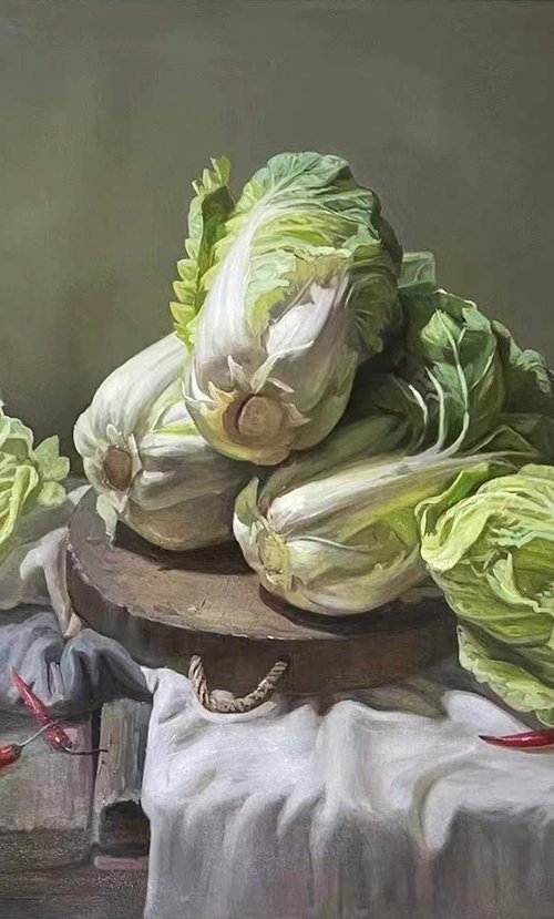 Still life:Chinese cabbages on the wooden desk by Kunlong Wang