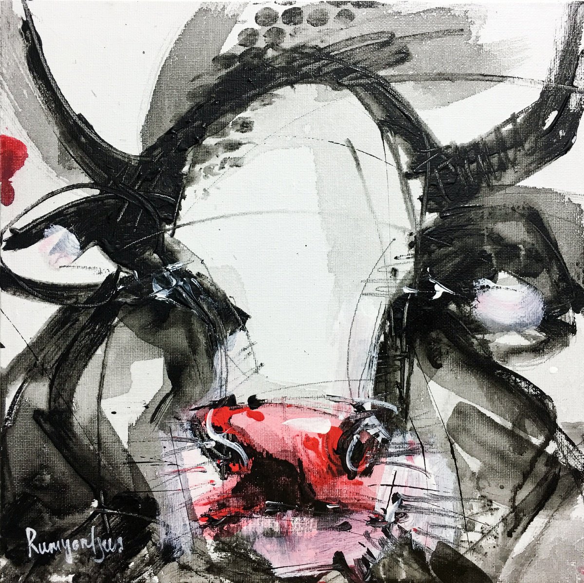 Impressionistic Animal Acrylic Painting By Irina Rumyantseva, 12 X 12, Cow C01N09, Original Artwork