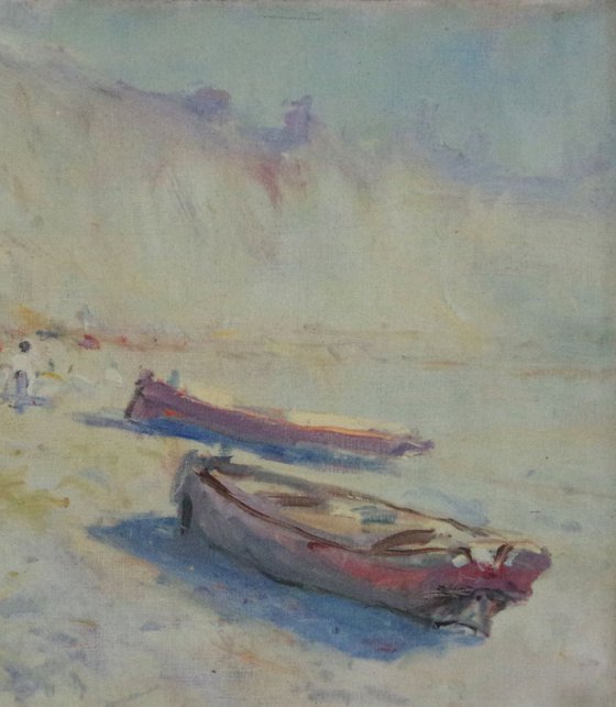 Fishing Boats, Seascape Original oil Painting,Handmade art, Impressionism, One of a Kind