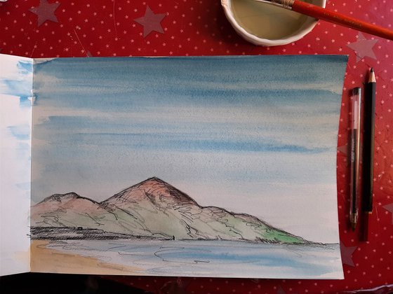 Summer morning over Croagh Patrick - a watercolour and pen study