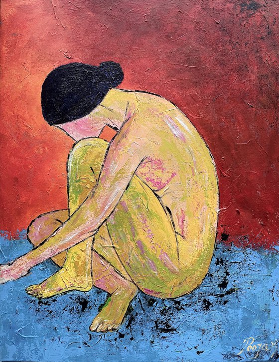 Sitting Nude - Figurative Diptych oil painting