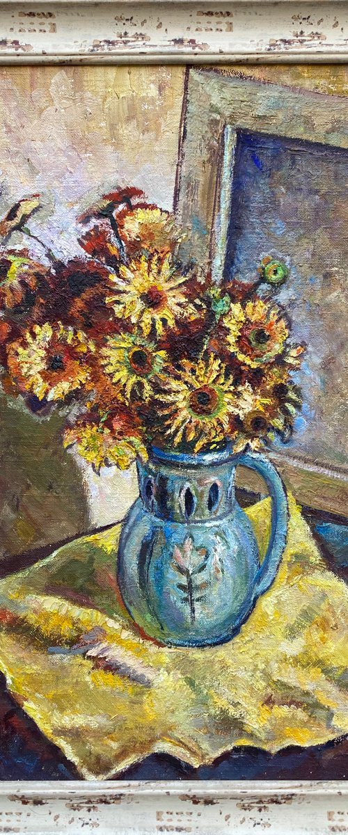 Still Life with Yellow Flowers in a Blue Maiolica Ceramic Vase by Zurab Sharvadze