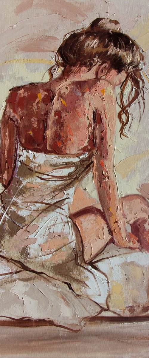 " MORNING ... "-   liGHt  ORIGINAL OIL PAINTING, GIFT, PALETTE KNIFE nude WINDOW by Monika Luniak