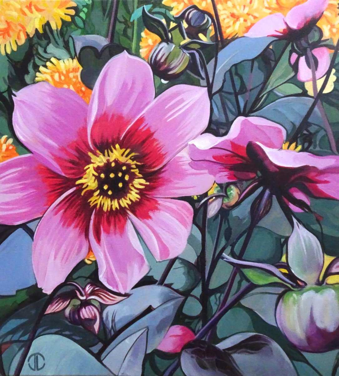 Bright Dhalias In The Late Summer Border Acrylic painting by Joseph ...