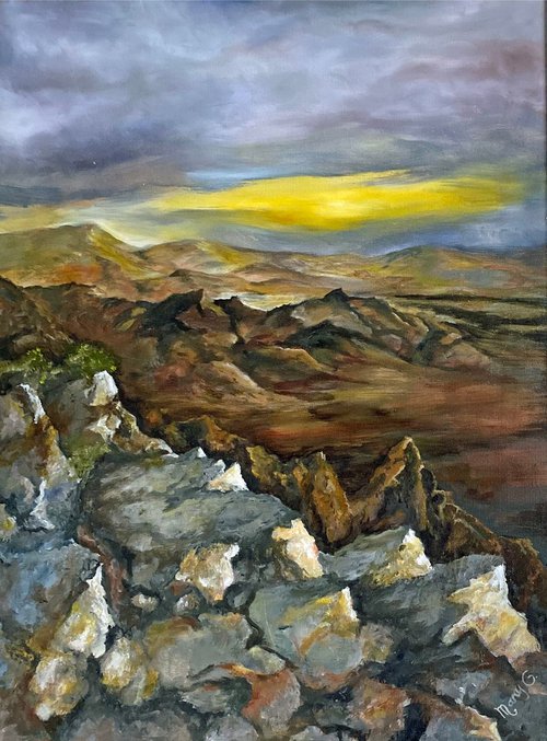 Breathtaking  Original Rocky Mountain Sunset Landscape in oils gold and brown frame by Mary Gullette