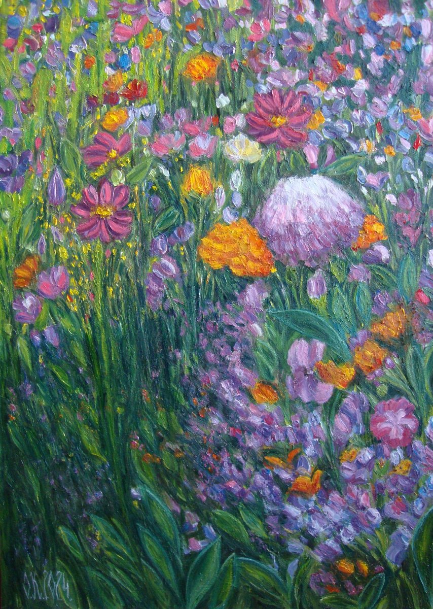 Impressionistic Botanical Oil Painting By Olga Knezevic, 20 X 28", Garden Of Happiness, Original Artwork