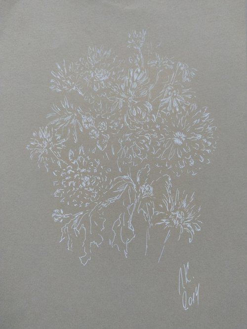Autumn flowers. Drawing in white ink on gray paper. by Yury Klyan
