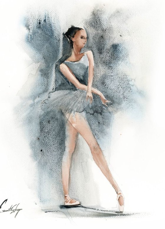 Ballerina in blue Original Watercolor Painting
