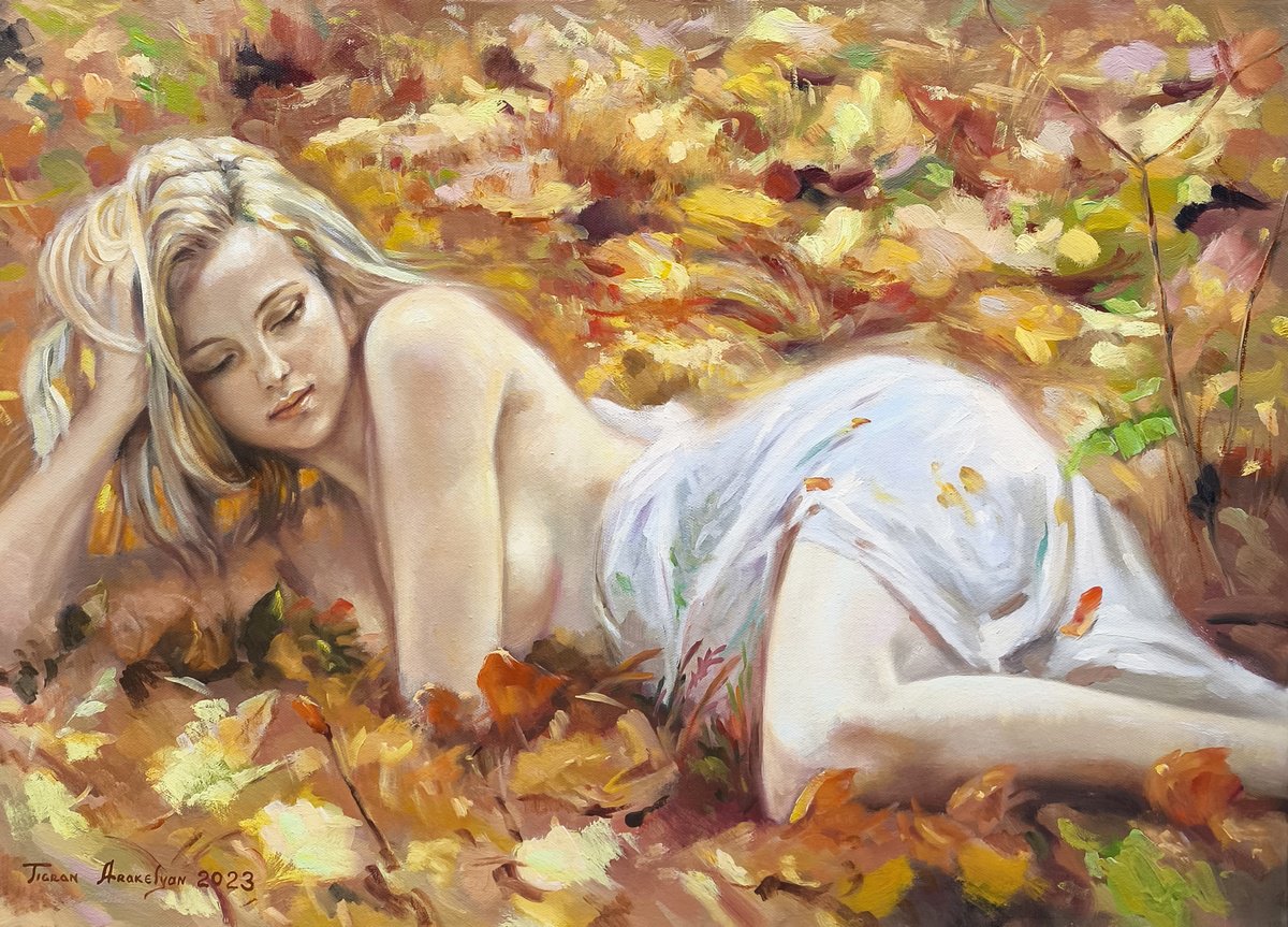 Impressionistic Portrait Oil Painting By Tigran Araqelyan, 28 X 20", Golden Bed, Original Artwork