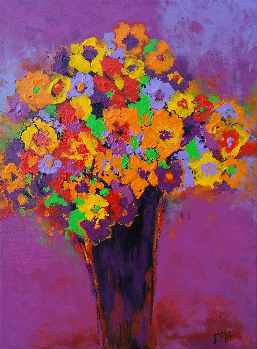 SPRING MADNESS, 30x40cm, spring flowers abstract painting by Emilia Milcheva