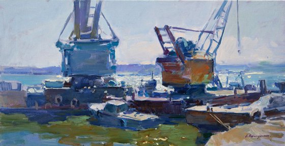 Floating cranes in port