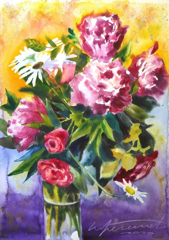 Red Peonies Flowers Loose Watercolor Bouquet Painting
