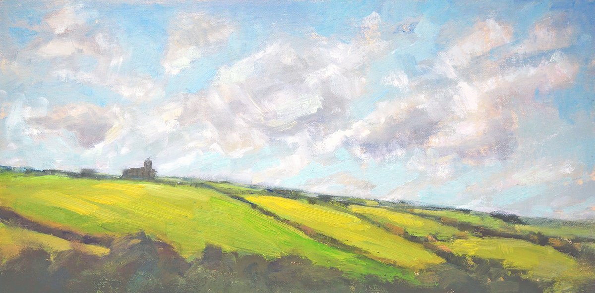 Impressionistic Landscape Oil Painting By Kristina Sellers, 17 X 9", Tintagel Skies, Original Artwork