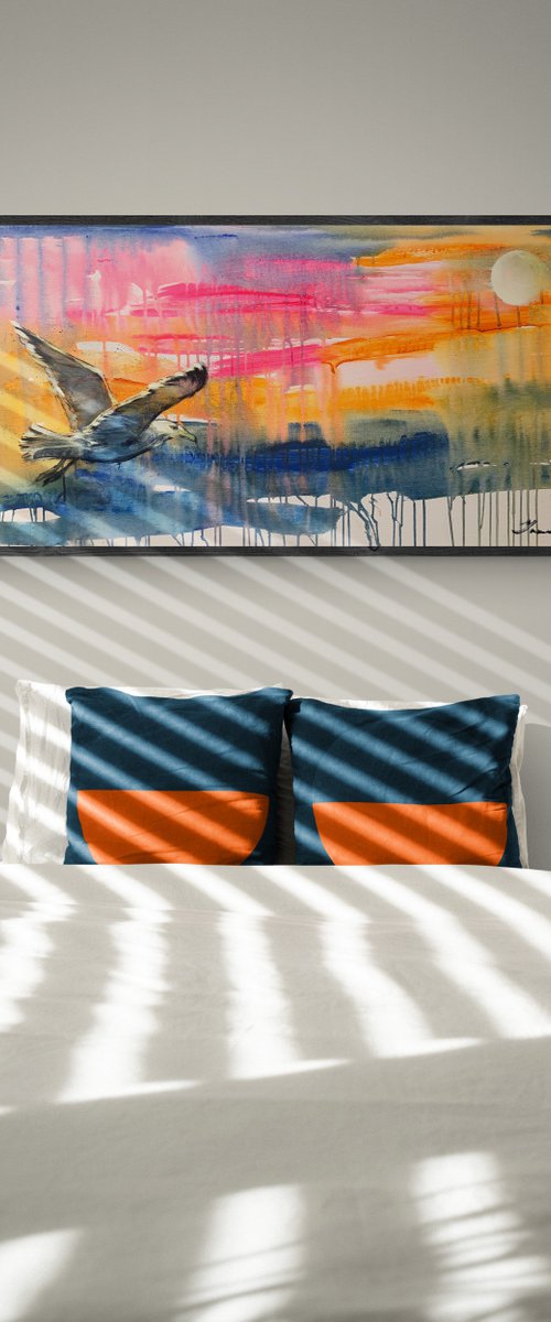 Bright horizontal painting - "Seagull in flight" - Pop Art - Bird - California - Miami - Sea - Ocean - Sunset by Yaroslav Yasenev