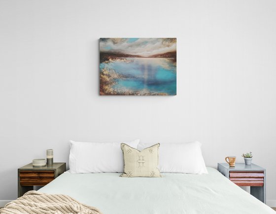 A large semi-abstract beautiful structured mixed media painting of a seascape with the sunrise "A new day" from "Silence" series