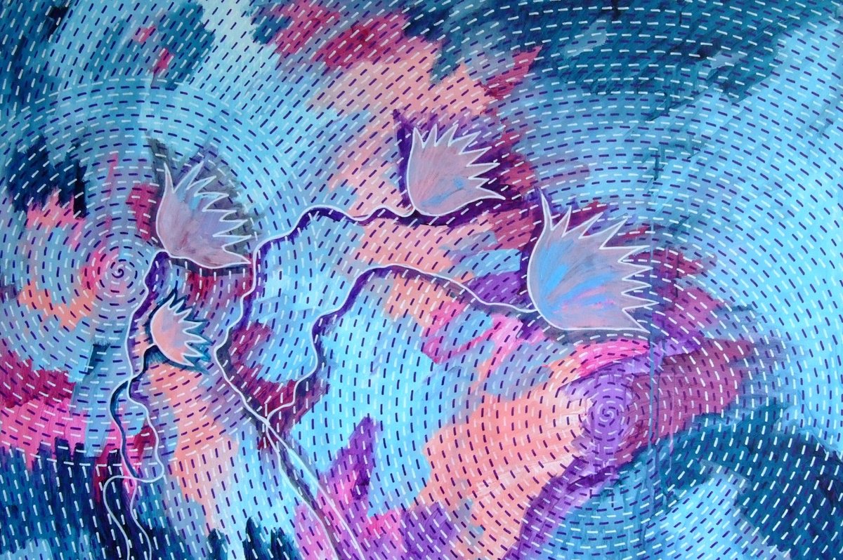 Abstract Botanical Acrylic Painting By Marina Krylova, 47 X 31", Psychedelic Pond #55, Original Artwork