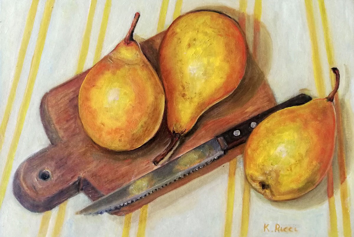 Impressionistic Still Life Oil Painting By Katia Ricci, 12 X 8", Pears On Cutting Board, Original Artwork