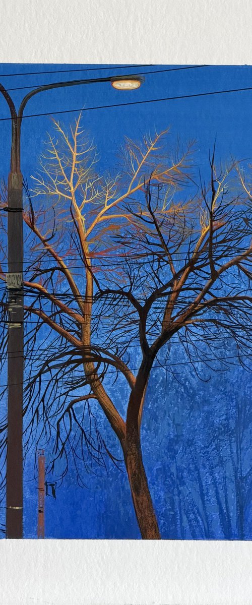 Night landscape gouache painting. Cityscape by Anastasia Parfilo