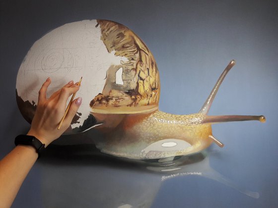 painting Snail, snail art, hyperrealism, realistic acrylic painting