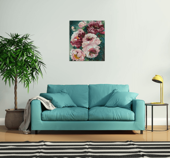 PEONIES ON EMERALD- original painting on canvas floral