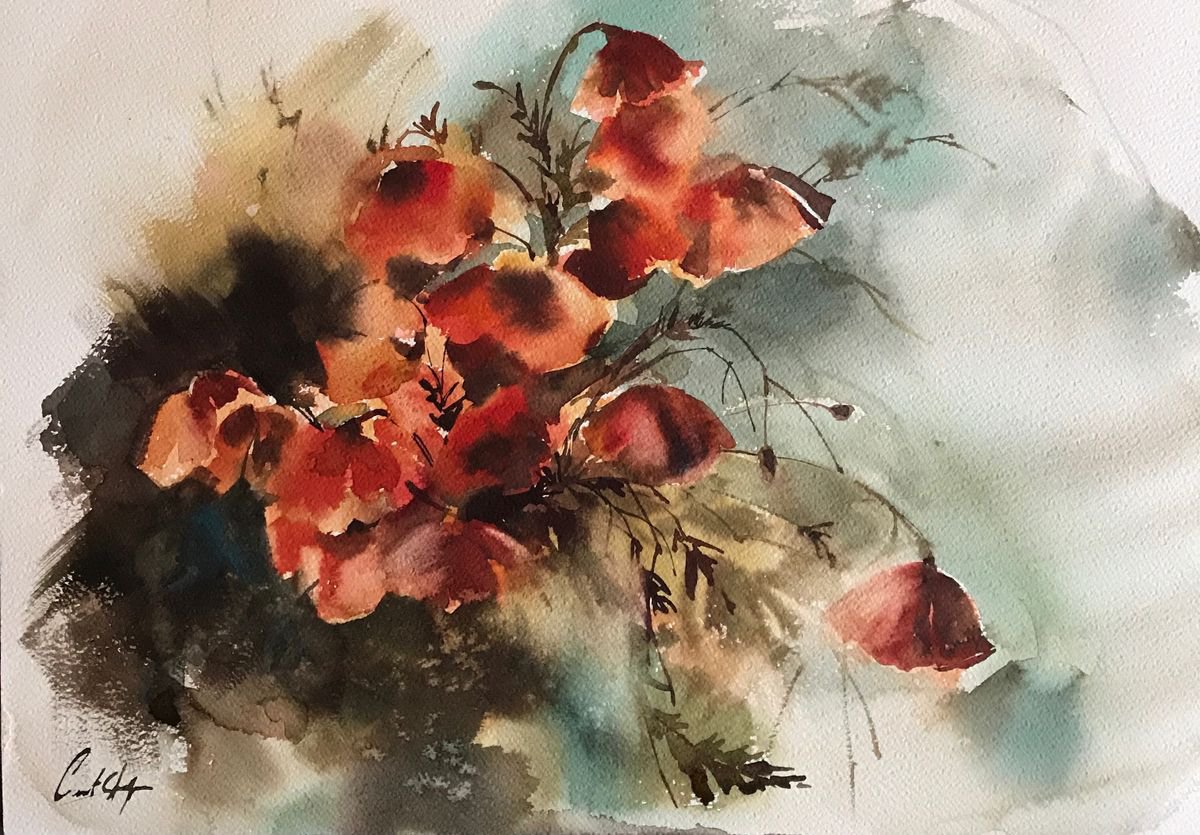 Impressionistic Botanical Watercolour By Sophie Rodionov, 20 X 14", Red Poppy Flowers, Original Artwork