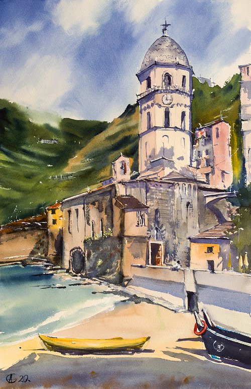 Vernazza. View of the tower and old town. Big format watercolor urban landscape Mediterranean italy sea bright architecture by Sasha Romm