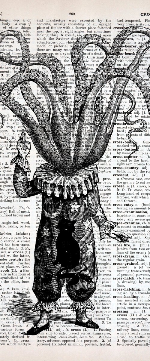 Octopus Astronomer - Collage Art Print on Large Real English Dictionary Vintage Book Page by Jakub DK - JAKUB D KRZEWNIAK