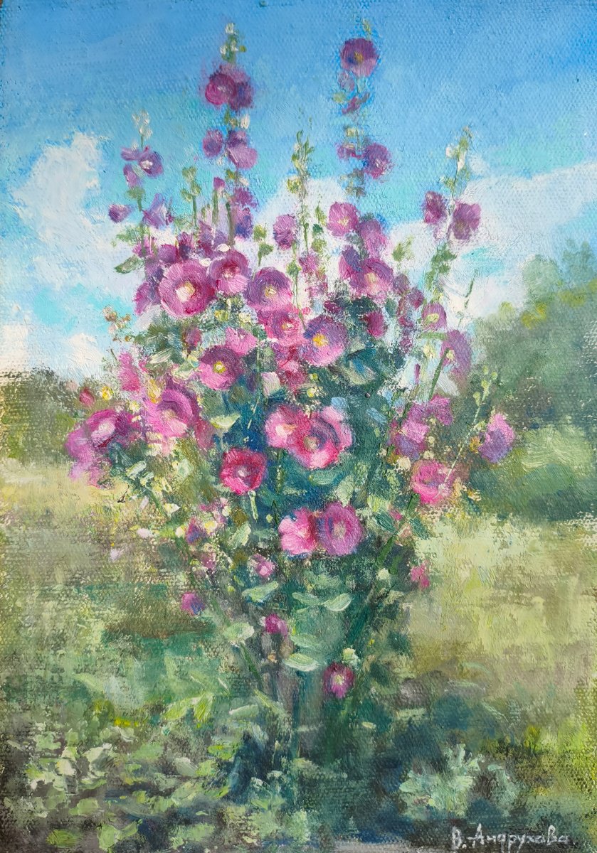 Impressionistic Botanical Oil Painting By Valentina Andrukhova, 12 X 8", Mallow, Original Artwork