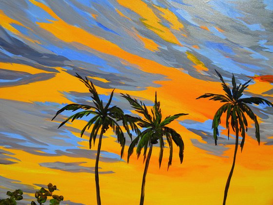 OCEAN SUNSET. Contemporary Florida Sunset Painting in Bold Orange, Purple, Yellow Colors