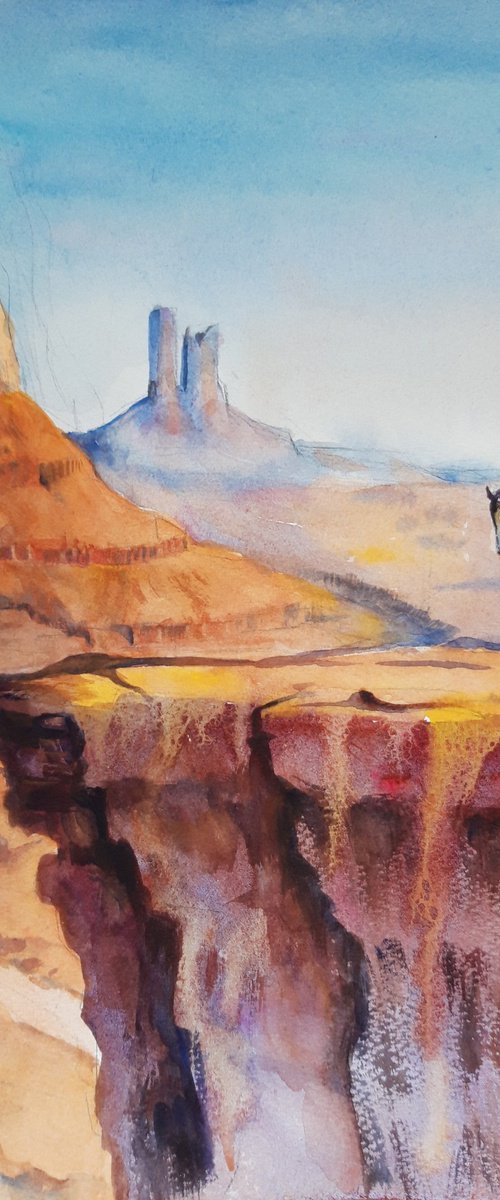 MonumentValley, CowboyArt, Watercolor, WesternArt, DesertScene, SouthwestArt, ArizonaArt, LandscapeArt, RusticArt, NatureArt by Bozhidara Mircheva