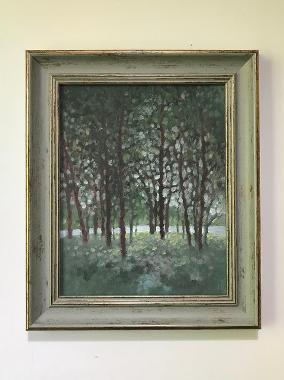 Original Oil Painting Wall Art Signed unframed Hand Made Jixiang Dong Canvas 25cm × 20cm lights dancing in the woods landscape Small Impressionism Impasto