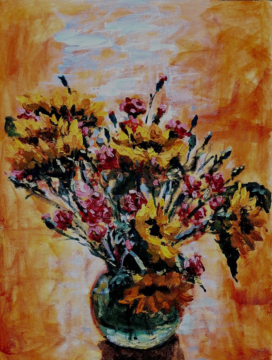  Sunflowers And Carnations By Dimitris Voyiazoglou, 17 X 20, Artwork For Sale On Artfinder