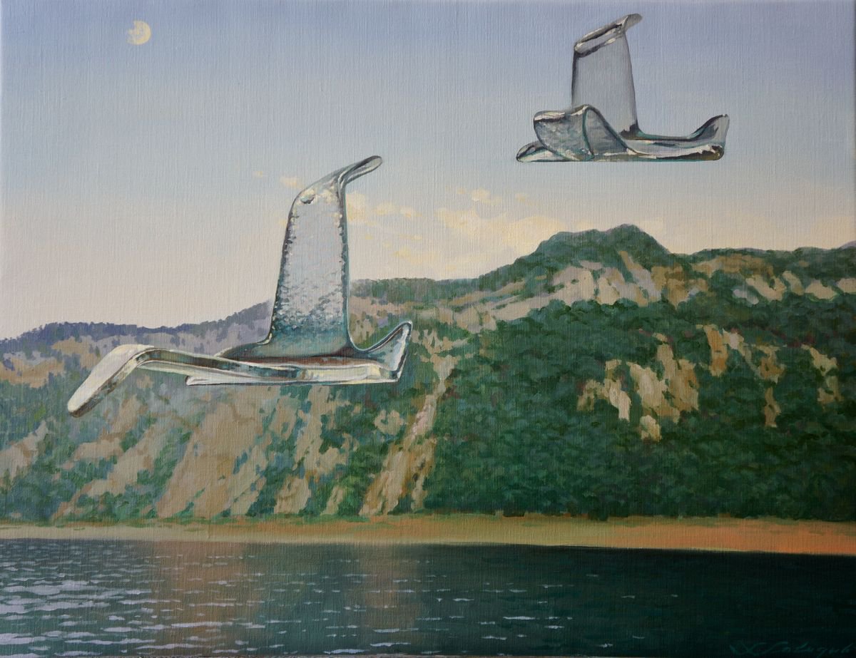 Photorealistic Landscape Oil Painting By Sergej Sologub, 37 X 29", Die Mowen, Original Artwork