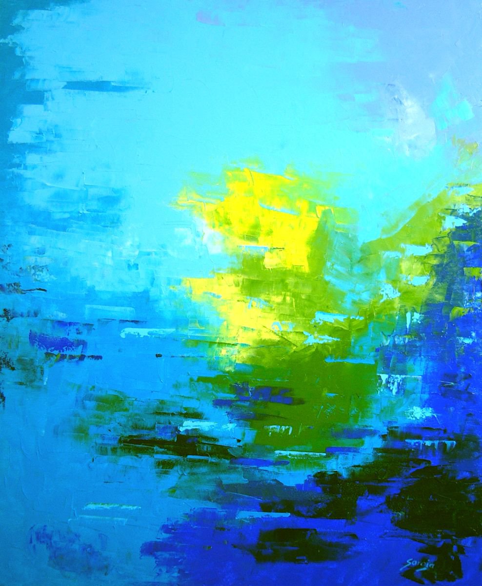 Abstract Landscape Oil Painting By Saroja Van Der Stegen, 25 X 30", Blue (Ref#:949-20F), Original Artwork