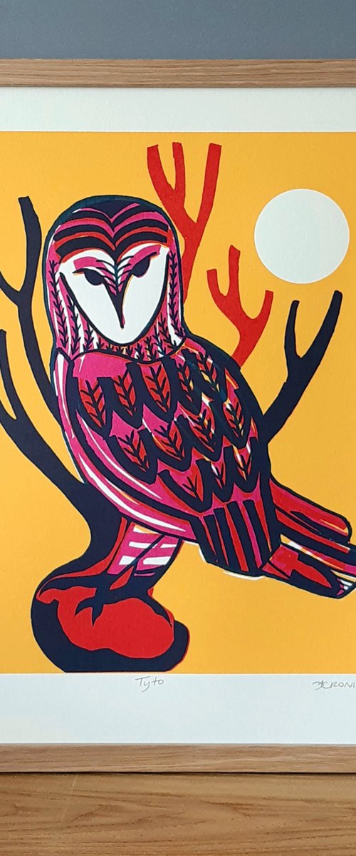 Framed Tyto - Limited Edition Screenprint (yellow/magenta) 2/35 by Catherine Cronin