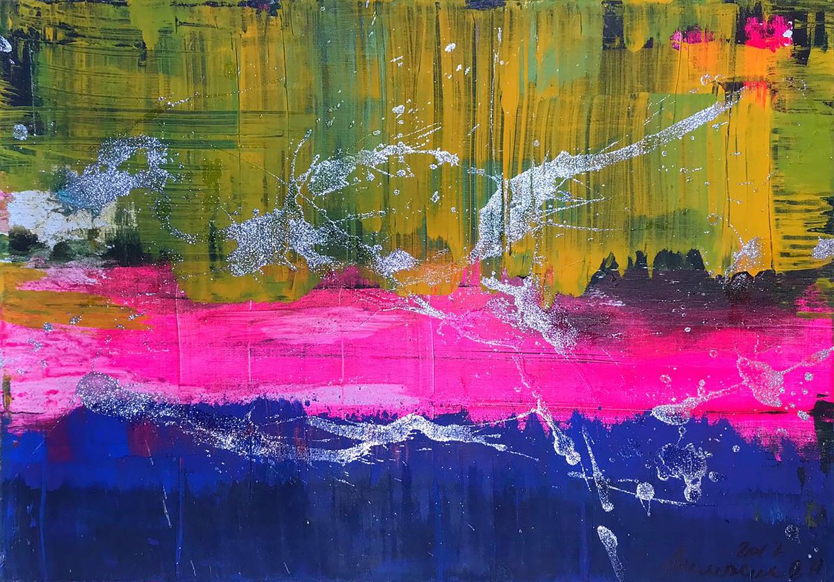 Impressionistic Abstract Acrylic Painting By Olga Melezhik, 26 X 18", Good Mood, Original Artwork